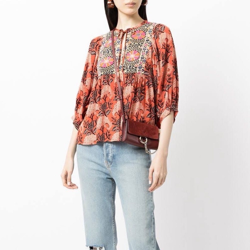 ba&sh Orange garry blouse Boho Tie Neck Long Sleeve Women’s Size 3 Large